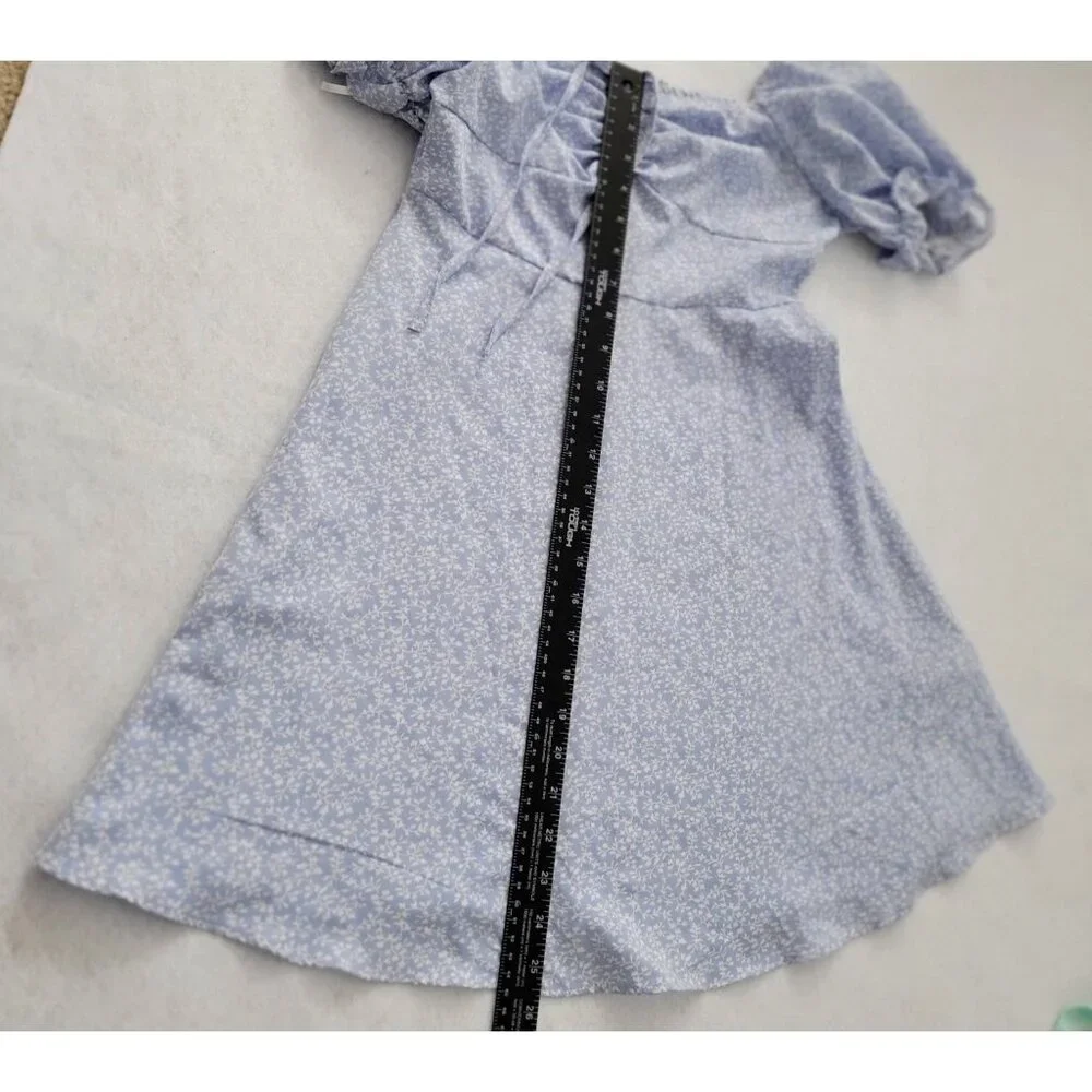 Blue Floral Dress Size S Back Zip Cottage Core Puffed Short Sleeve Off Shoulders - Picture 5 of 16
